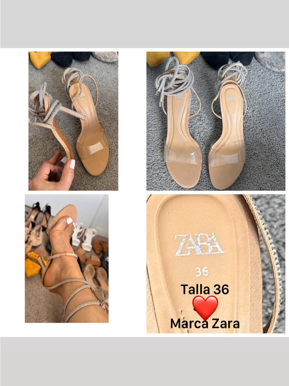 Zara Beige Ankle-Tie Heeled Sandals with Clear Toe Strap